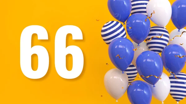 题词66 黄色背景上有气球 金色的五彩纸屑 蛇纹石 明亮的概念 3D渲染 — 图库照片