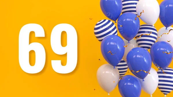 题词69 黄色背景上有气球 金色的五彩纸屑 蛇纹石 明亮的概念 3D渲染 — 图库照片