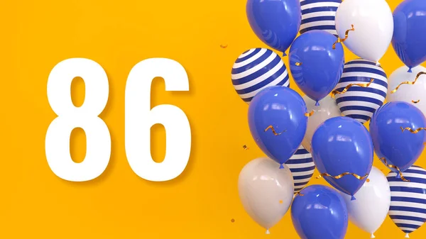 题词86 黄色背景上有气球 金色的五彩纸屑 蛇纹石 明亮的概念 3D渲染 — 图库照片