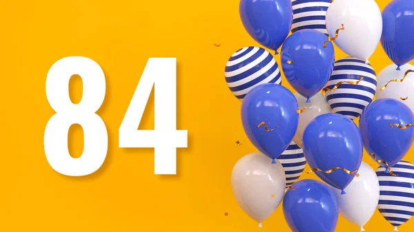 在一个黄色的背景上的题词84用气球 金色的意大利面 蛇纹石 明亮的概念 3D渲染 — 图库照片