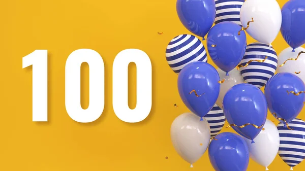Napis 100 Żółtym Tle Balonami Złotym Konfetti Serpentyną Kartka Życzeniami — Zdjęcie stockowe