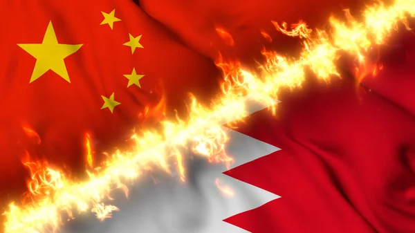 Illustration Drapeau Agitant Chine Bahreïn Séparé Par Une Ligne Feu — Photo