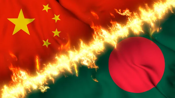 Ilustración Una Bandera Ondeante China Bangladesh Separadas Por Una Línea —  Fotos de Stock