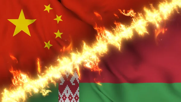 Illustration of a waving flag of China and Belarus separated by a line of fire. Crossed flags: depiction of strained relations, conflicts and rivalry between the two countries