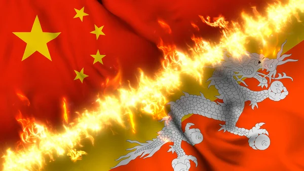 Ilustración Una Bandera Ondeante China Bután Separadas Por Una Línea —  Fotos de Stock