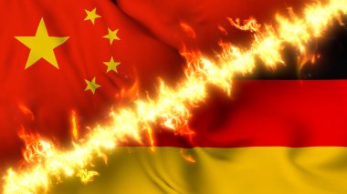 Ateş hattıyla ayrılmış Çin ve Almanya 'nın el sallayan bayrağının tasviri. Çapraz bayraklar: iki ülke arasındaki gergin ilişkilerin, çatışmaların ve rekabetin tasviri