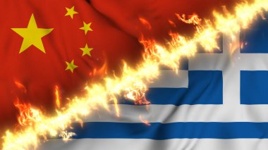 Bir ateş hattıyla ayrılmış Çin ve Yunanistan 'ın el sallayan bayrağı. Çapraz bayraklar: iki ülke arasındaki gergin ilişkilerin, çatışmaların ve rekabetin tasviri