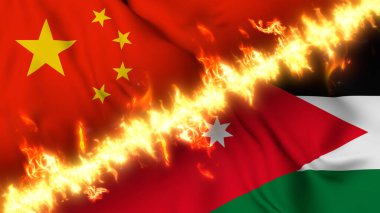 Çin ve Ürdün 'ün ateş hattıyla ayrılmış bir bayrağının tasviri. Çapraz bayraklar: iki ülke arasındaki gergin ilişkilerin, çatışmaların ve rekabetin tasviri