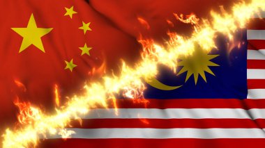 Çin ve Malezya 'nın ateş hattıyla ayrılmış bir bayrağının tasviri. Çapraz bayraklar: iki ülke arasındaki gergin ilişkilerin, çatışmaların ve rekabetin tasviri