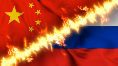 Bir ateş hattıyla ayrılmış Çin ve Rusya 'nın el sallayan bayrağının tasviri. Çapraz bayraklar: iki ülke arasındaki gergin ilişkilerin, çatışmaların ve rekabetin tasviri
