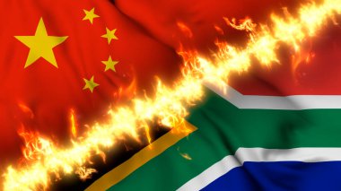 Bir ateş hattıyla ayrılmış Çin ve Güney Afrika 'nın el sallayan bayrağının tasviri. Çapraz bayraklar: iki ülke arasındaki gergin ilişkilerin, çatışmaların ve rekabetin tasviri