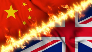 Bir ateş hattıyla ayrılmış Çin ve Birleşik Krallık 'ın el sallayan bayrağının tasviri. Çapraz bayraklar: iki ülke arasındaki gergin ilişkilerin, çatışmaların ve rekabetin tasviri