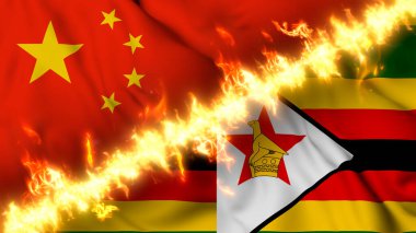 Çin ve Zimbabwe 'nin bir ateş hattıyla ayrılmış bayrağının tasviri. Çapraz bayraklar: iki ülke arasındaki gergin ilişkilerin, çatışmaların ve rekabetin tasviri