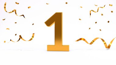 Doğum günü partin kutlu olsun. Parlak altın konfetili altın sayılar, yılan gibi. Şenlik arka planı. Parti için dekorasyon. Bir yıl yıldönümü kutlaması. 3d resimleme