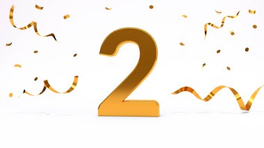 Doğum günü partin kutlu olsun. Parlak altın konfetili altın sayılar, yılan gibi. Şenlik arka planı. Parti için dekorasyon. Bir yıl yıldönümü kutlaması. 3d resimleme