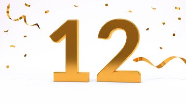 12. yaş günün kutlu olsun. Parlak altın konfetili altın sayılar, yılan gibi. Şenlik arka planı. Parti için dekorasyon. Bir yıl yıldönümü kutlaması. 3d resimleme