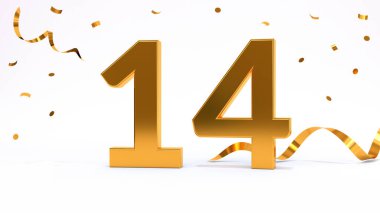 14. yaş günün kutlu olsun. Parlak altın konfetili altın sayılar, yılan gibi. Şenlik arka planı. Parti için dekorasyon. Bir yıl yıldönümü kutlaması. 3d resimleme