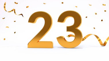 Doğum günü partin kutlu olsun. Parlak altın konfetili altın sayılar, yılan gibi. Şenlik arka planı. Parti için dekorasyon. Bir yıl yıldönümü kutlaması. 3d resimleme