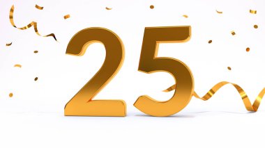 25. yaş günün kutlu olsun. Parlak altın konfetili altın sayılar, yılan gibi. Şenlik arka planı. Parti için dekorasyon. Bir yıl yıldönümü kutlaması. 3d resimleme