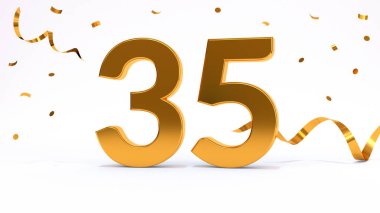 35 yaş günün kutlu olsun. Parlak altın konfetili altın sayılar, yılan gibi. Şenlik arka planı. Parti için dekorasyon. Bir yıl yıldönümü kutlaması. 3d resimleme