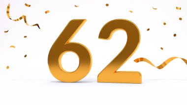 62 doğum günü partin kutlu olsun. Parlak altın konfetili altın sayılar, yılan gibi. Şenlik arka planı. Parti için dekorasyon. Bir yıl yıldönümü kutlaması. 3d resimleme