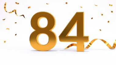 84 doğum günü partin kutlu olsun. Parlak altın konfetili altın sayılar, yılan gibi. Şenlik arka planı. Parti için dekorasyon. Bir yıl yıldönümü kutlaması. 3d resimleme