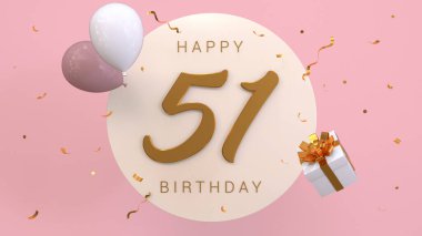 51 'inci yaş günü kutlamaları. Mutlu yıllar, tebrikler. Parlak altın konfetileri ve balonları olan altın rakamlar. 3d resimleme