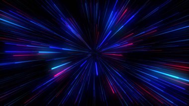 Soyut Mavi ve Kırmızı Işık Hareketi Arkaplanı. Neon Stripes ve Lines 'ın tasviri. Hareketli Hızlı Işıkların İzleriyle Geleceğin Arkaplanı