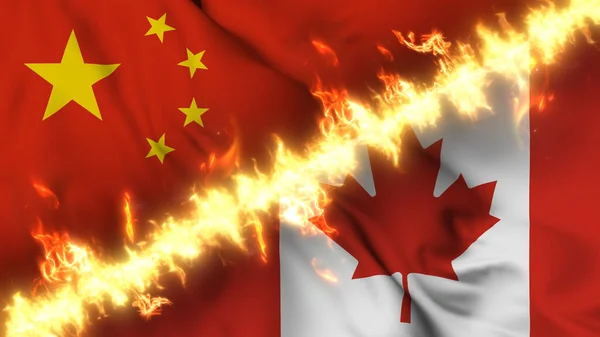Illustration of a waving flag of China and Canada separated by a line of fire. Crossed flags: depiction of strained relations, conflicts and rivalry between the two countries