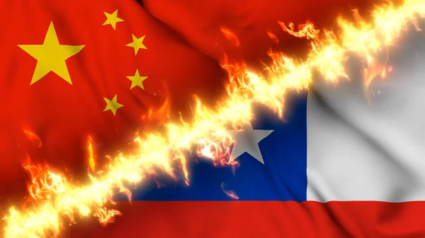 中国和智利摇曳的国旗被火线隔开的图例 交叉旗帜 对两国关系紧张 冲突和竞争的描述 — 图库照片