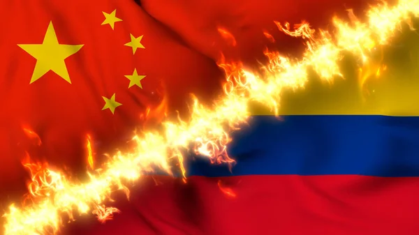 Illustration Waving Flag China Colombia Separated Line Fire Crossed Flags — Stock Photo, Image