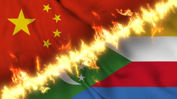 Çin Komoros Ateş Hattıyla Ayrılmış Bir Bayrağının Tasviri Çapraz Bayraklar — Stok fotoğraf