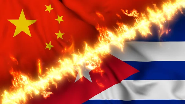火の線で区切られた中国とキューバの波状の旗のイラスト クロスフラグ 両国間の緊張関係 紛争や競争の描写 — ストック写真