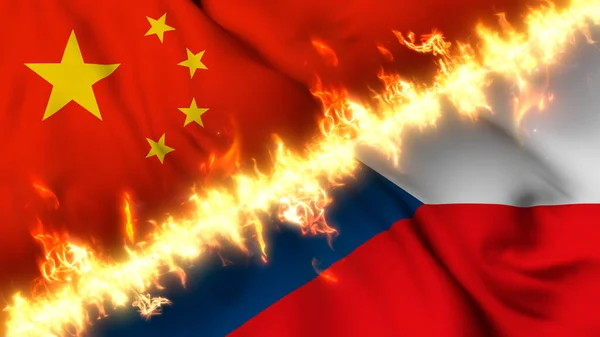火の線で区切られた中国とチェコ共和国の波状の旗のイラスト クロスフラグ 両国間の緊張関係 紛争や競争の描写 — ストック写真