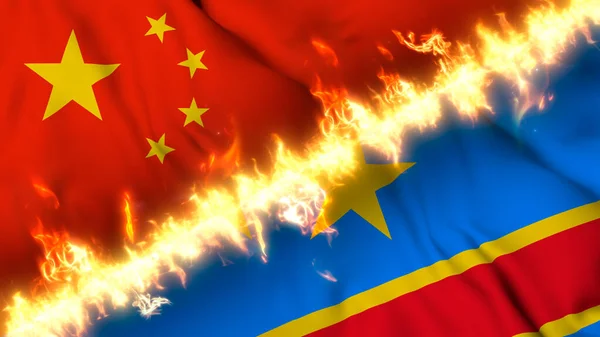 Çin Demokratik Kongo Cumhuriyeti Bayrağı Bir Ateş Hattıyla Ayrıldı Çapraz — Stok fotoğraf