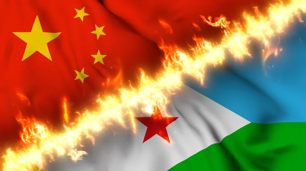 Çin Cibuti Nin Ateş Hattıyla Ayrılmış Bir Bayrağının Tasviri Çapraz — Stok fotoğraf
