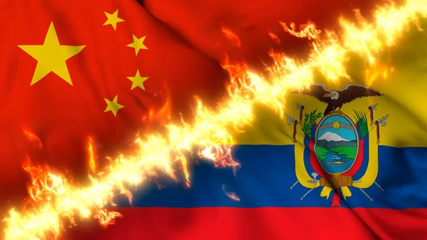 Иллюстрация Размахивания Флагом Китая Эквадора Разделенного Линией Огня Перекрещенные Флаги — стоковое фото