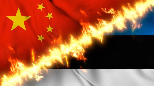 火の線で区切られた中国とエストニアの波状の旗のイラスト クロスフラグ 両国間の緊張関係 紛争や競争の描写 — ストック写真