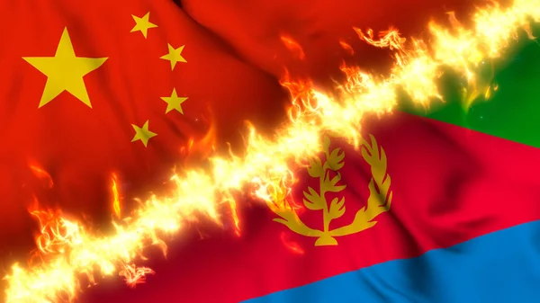 Illustration of a waving flag of China and Eritrea separated by a line of fire. Crossed flags: depiction of strained relations, conflicts and rivalry between the two countries