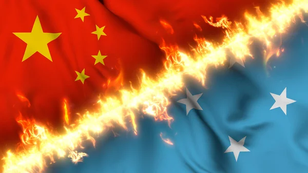 火の線で区切られた中国とミクロネシア連邦の波状の旗のイラスト クロスフラグ 両国間の緊張関係 紛争や競争の描写 — ストック写真