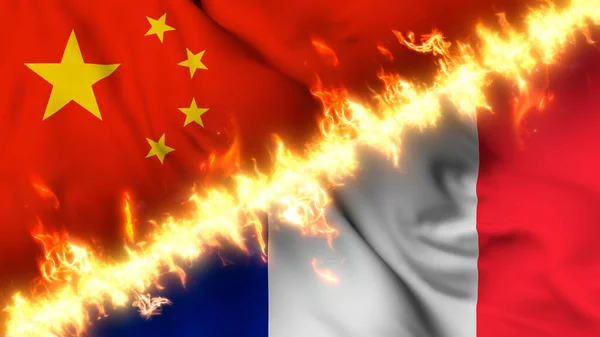 Illustration of a waving flag of China and France separated by a line of fire. Crossed flags: depiction of strained relations, conflicts and rivalry between the two countries