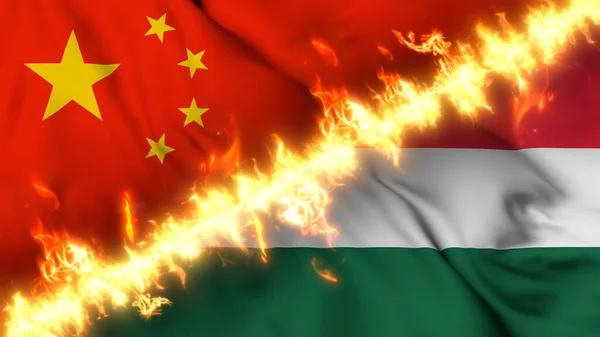 Illustration Flagga Kina Och Ungern Åtskilda Linje Eld Korsade Flaggor — Stockfoto