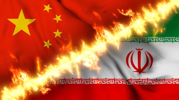中国和伊朗摇曳的国旗被火线隔开的图例 交叉旗帜 对两国关系紧张 冲突和竞争的描述 — 图库照片