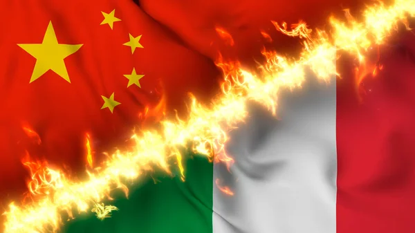 Illustration Viftande Flagga Kina Och Italien Åtskilda Linje Eld Korsade — Stockfoto