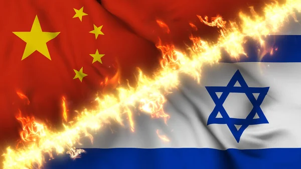 火の線で区切られた中国とイスラエルの波状の旗のイラスト クロスフラグ 両国間の緊張関係 紛争や競争の描写 — ストック写真