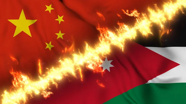 火の線で区切られた中国とヨルダンの波の旗のイラスト クロスフラグ 両国間の緊張関係 紛争や競争の描写 — ストック写真