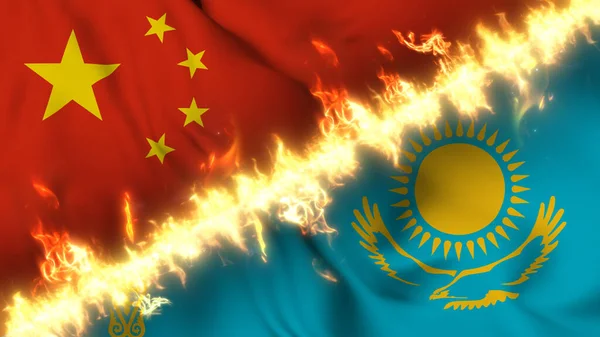 Ilustración Una Bandera Ondeante China Kazajstán Separadas Por Una Línea —  Fotos de Stock
