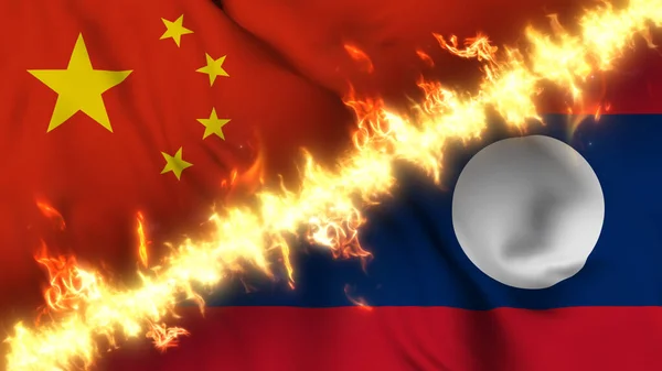 Illustration of a waving flag of China and Laos separated by a line of fire. Crossed flags: depiction of strained relations, conflicts and rivalry between the two countries