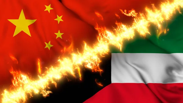 火の線で区切られた中国とクウェートの波状の旗のイラスト クロスフラグ 両国間の緊張関係 紛争や競争の描写 — ストック写真