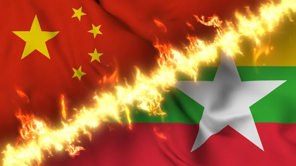 Ilustración Una Bandera Ondeante China Myanmar Separadas Por Una Línea —  Fotos de Stock